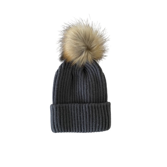 Edge Style Accessories - New Merino‎ Wool Fur Pom Pom Beanie - Gray